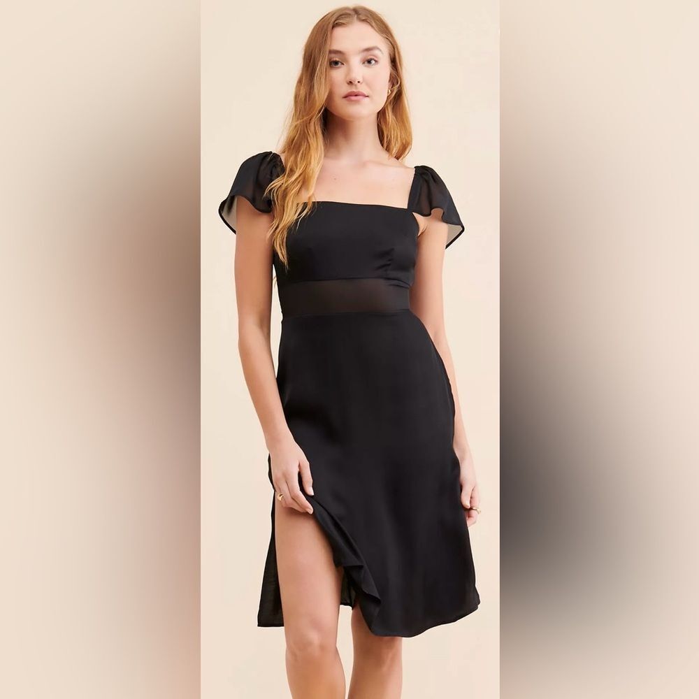 Anthropologie Black Midi Dress with Sheer Waist and Flutter Sleeves